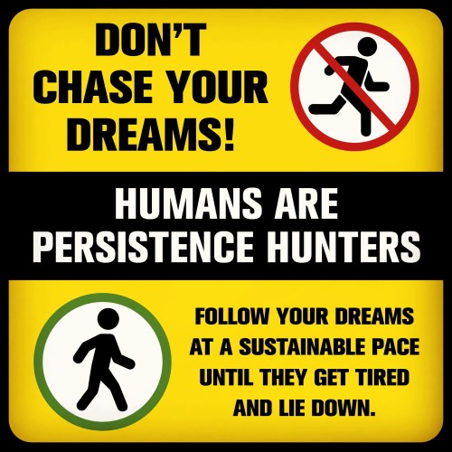 Sign that reads, in all caps: Don't chase your dreams! Humans are Persistence Hunters. Follow your dreams at a sustainable pace until they get tired and lie down.