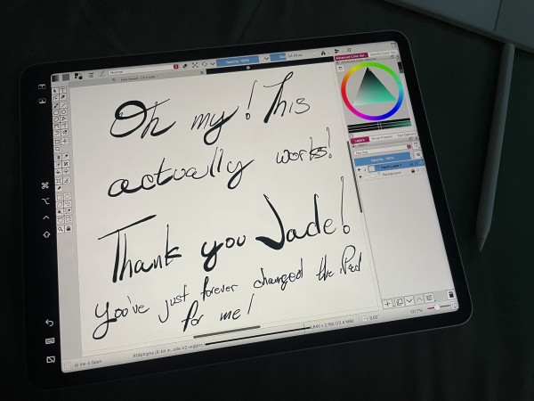 Photo of an iPad, in Sidecar mode, running Krita, with the following scribbled out in a handwritten form with an Apple Pencil: 

Oh my! This actually works!
Thank you Jade! You've just forever changed the iPad for me!