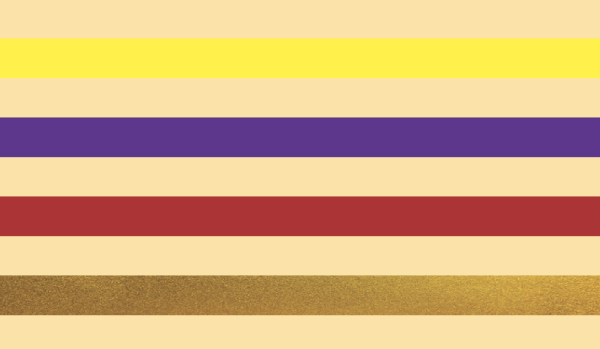 A picture of a pride flag, with a beige background and yellow, violet, red, and gold stripes alternating with the beige throughout. Pride is 4.7kilo ohm resistance.