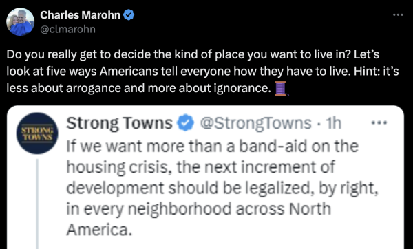 Screenshot of a Tweet thread by Chuck beginning with "Do you really get to decide the kind of place you want to live in?"