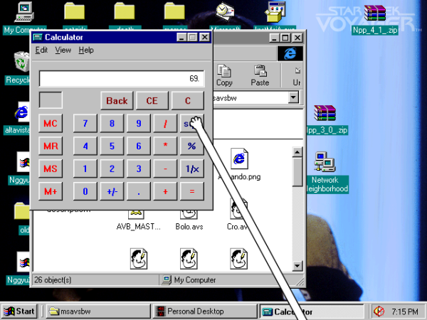 a screenshot of windows 95, showing the calculator. there's a long pixely dog paw pressing the SQRT button, but it has a thin leg stretching to the edge of the screen