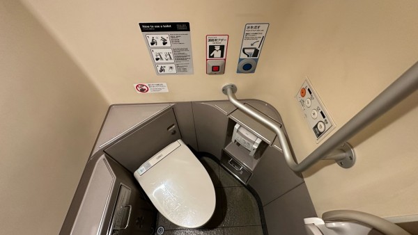Toilet with controls for extra functions in a cramped train lavatory. 