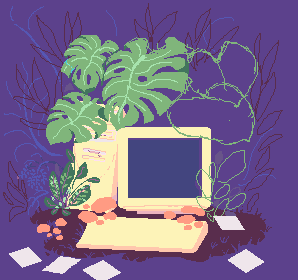 An incomplete piece of pixel art showcase a 90s computer among some monstera plants