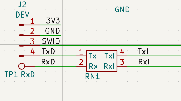 A kicad symbol that is a 4 pin element with pins Tx, TxI, Rx, RxI intended for swappable control lines.