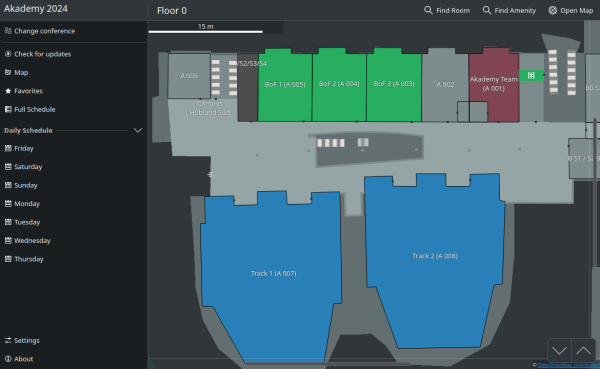 Screenshot of Kongress showing the indoor map of the ground floor of the Akademy 2024 venue with event-specific labels and colors for certain rooms.