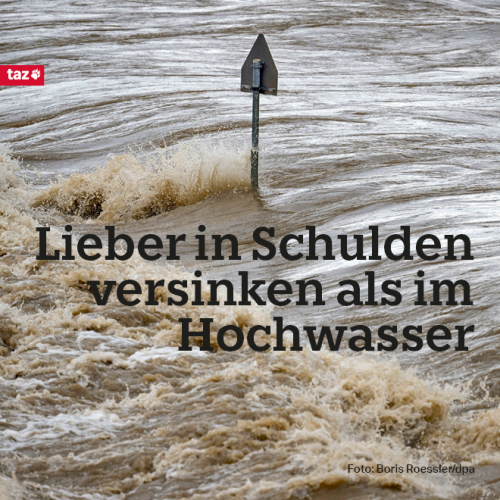 Bildbeschreibung: Zu sehen ist der über die Ufer getretene Neckar in Heidelberg. Dazu die Titelzeile: Lieber in Schulden versinken als im Hochwasser