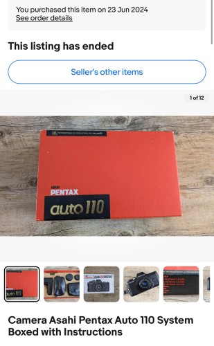 A screenshot of an eBay listing for a Pentax Auto 110 camera that I seem to have purchased 