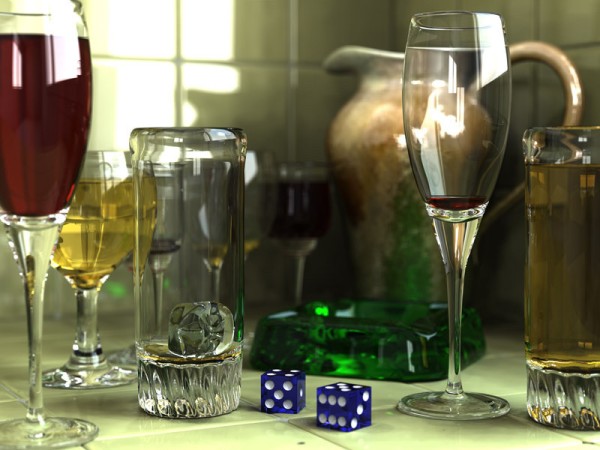 Glasses, pitcher, ashtray and dice (POV-Ray) by Gilles Tran, which was picture of the day on Wikipedia in 2006… 18 years ago.