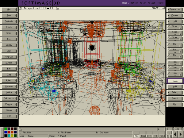 A 3D editor showing a wireframe version of a part of Riven. It's a completely custom UI, not a standard Windows one at all. It looks very, very complicated. 