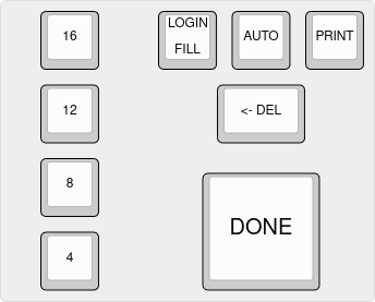 A square keyboard. Down the left side is 4 buttons: 16/12/8/4
The top right has a Login/Fill button, an AUTO button, a PRINT button, then a wide DELETE button below it.
In the bottom right is a large (2x2) button labeled DONE 