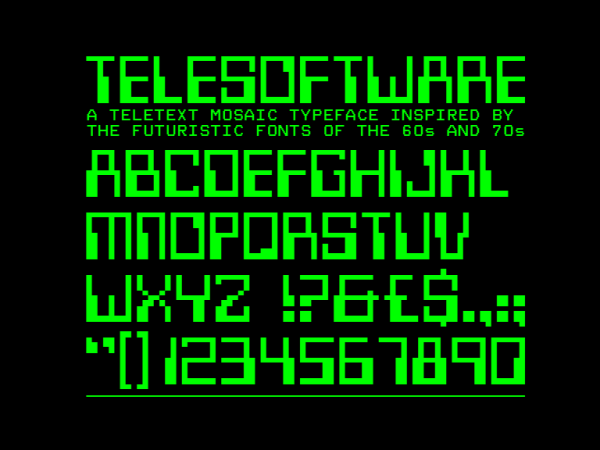 A page of teletext mosaic graphics forming the alphabet, digits zero to nine, and a few punctuation symbols. A heading reads "Telesoftware" "A teletext mosaic typeface inspired by the futuristic fonts of the 60s and 70s"
The typeface resembles a combination of Westminster and Data 70 with a few differences.