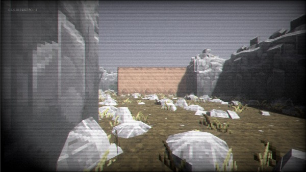 A 3d game prototype. A noisy, vignetted screen shows a blocky world with rocks all over a dirt ground, some rocky walls, and an adobe wall in the distance.