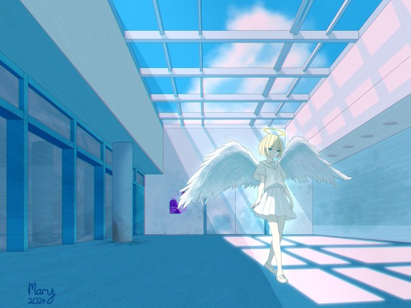 Angel with wings spread is walking through an abandoned building. Drawing by Mary (2024).