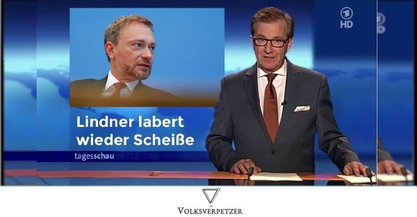 Tagesschau-Meme: Jan Hofer vor dem Bild von Christian Lindner, darunter steht „Lindner labert wieder Scheiße“.