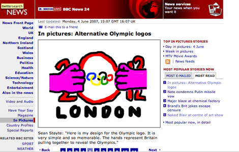 A picture of an MS Paint draw alternative 2012 London Olympics logo, with two hands stretching out the '0' to reveal the traditional fiver-rings Olympics logo.
