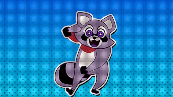 A smiling cartoon raccoon with a CRT effect applied over him