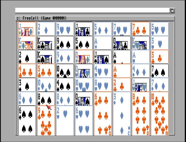 Amiga screenshot of a drawn deck of cards corresponding to Freecell game 1