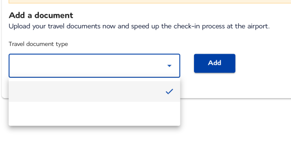 A "Choose a travel document" dropdown on a web form. Both options are blank.