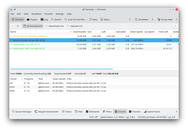 Screenshot of KTorrent downloading a few Linux distributions