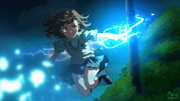 Misaka Mokoto airbrone in the night sky, surrounded by lightning.