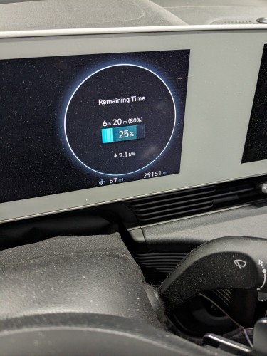 The instrument cluster of an electric car. It shows a remaining charge time of 6 hours and 20 minutes to reach 80% charge. Currently the car is at 25%.

The car currently shows a range estimate of 57 miles, and there are 29,151 miles on the odometer. The screen is also quite dusty.