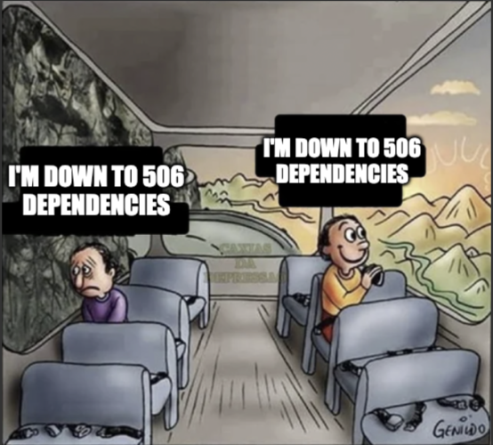 a bus, two guys sitting in it. the left guy wears purple, is looking at a wall, and is frowning.

the right guy is wearing orange, taking a picture of what he sees out the window, which is a beautiful mountain landscape. he smiles.

They both say "i'm down to 506 dependencies"