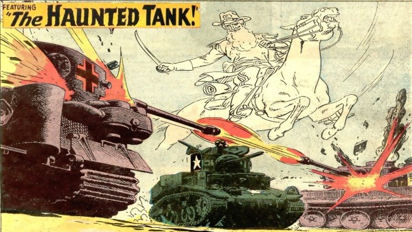Comic book panel of DC Comics' "The Haunted Tank", a Stuart tank haunted by Confederate general Jeb Stuart.
