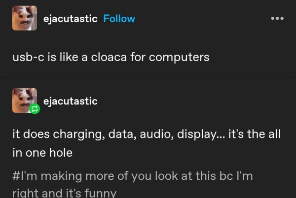 A Tumblr screenshot showing two posts from the user "ejacutastic":

usb-c is like a cloaca for computers

it does charging, data, audio, display... it's the all in one hole

The second post is tagged "I'm making more of you look at this bc I'm right and it's funny" 