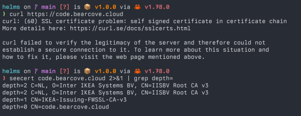 curl showing a self-signed certificate in the chain

seecert shows the certificate being served for my website ends up being rooted in Inter IKEA Systems