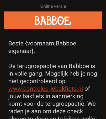 Screenshot of an email addressed to variable names {voornaam|Babboe eigenaar} instead of an actual name. 