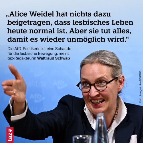 Alice Weidel guckt fanatisch. Zitat: „Alice Weidel hat nichts dazu beigetragen, dass lesbisches Leben heute normal ist. Aber sie tut alles, damit es wieder unmöglich wird.“ Die AfD-Politikerin ist eine Schande für die lesbische Bewegung, meint taz-Redakteurin Waltraud Schwab.