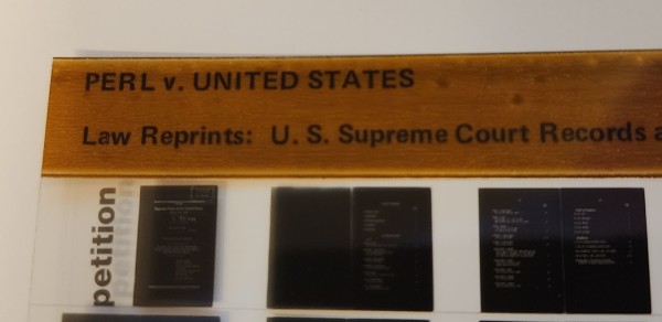A microfiche slide. The title card says "PERL v. UNITED STATES"
Below that it says "Law Reprints: US Supreme Court Records" 