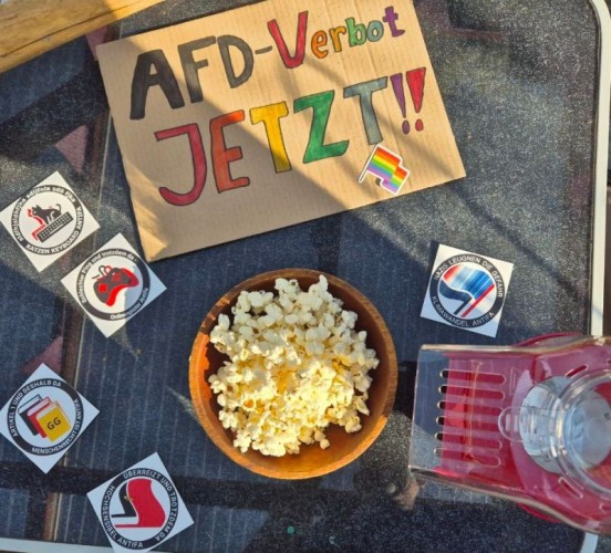 Eine Schale mit frischem Pocorn umringt von AntiFa-Aufklebern. 

Und einem Demoschild: AfD-Verbot JETZT!