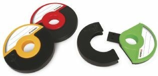 three coloured round plastic things: each have a hole in the centre and look vaguely like a spool of tape. They have a write-on label on one side. One of them is popped open to show a black USB connectore