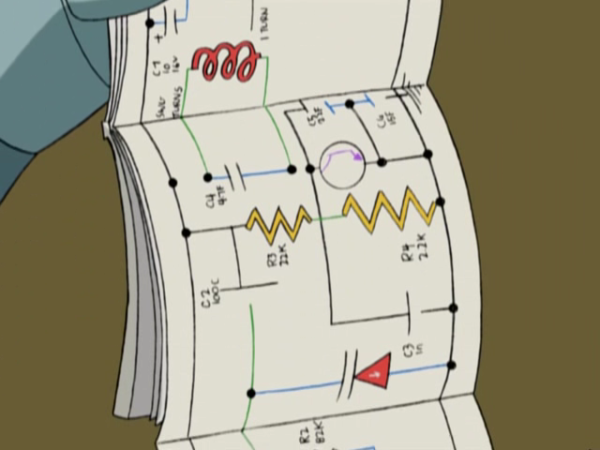Screenshot from a Futurama episode showing Bender holding a centerfold that shows a circuit schematic