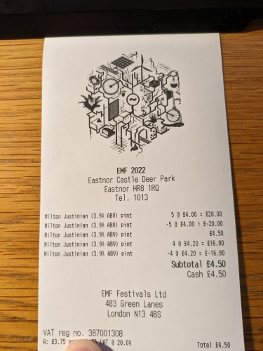 A thermal printed till receipt, with the EMF 2024 hexagon logo as the header in black and white.