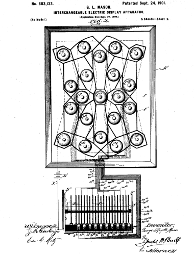 patent 683133 by G L Mason with a 21 segment display and cam that toggles the wires