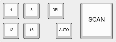 A very small keyboard. The left side has four buttons in a square: 4/8/12/16.
The middle has two keys: DEL and AUTO and they're slightly offset from each other.
The right side has one big (2x2) key labeled SCAN